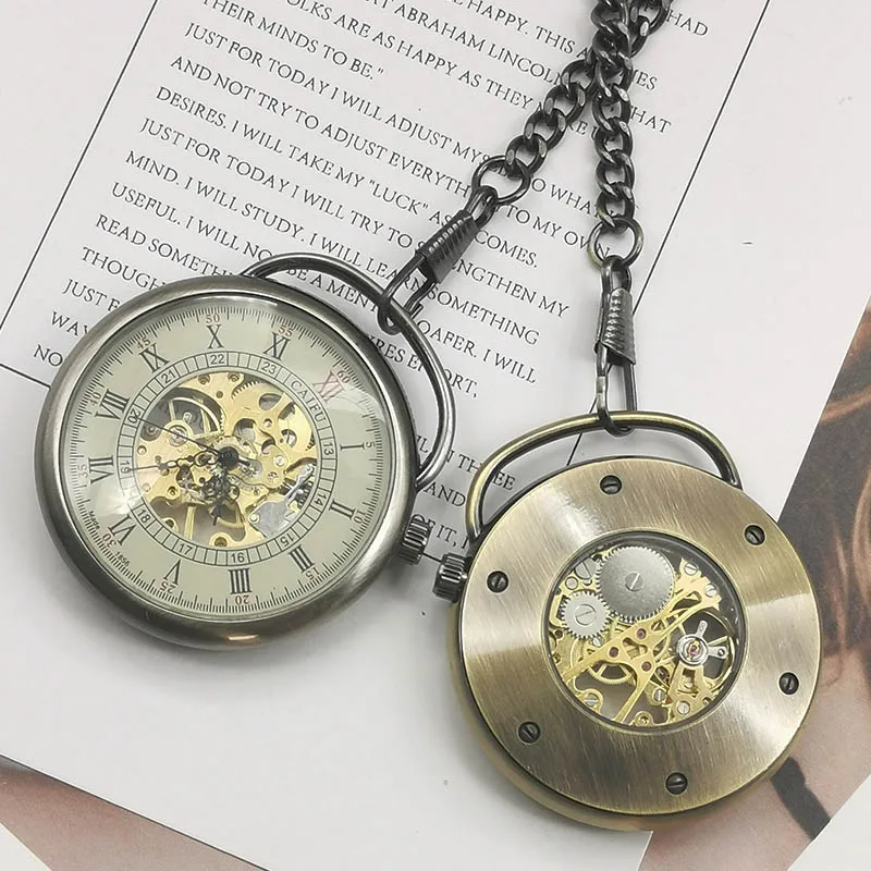 Top Brand Vintage Watch Necklace Skeleton Dial Mechanical Fob Pocket Watch Clock Pendant Men Women Chain Best Gift