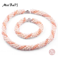 meibapjnew hand knit mixed color natural freshwater pearl jewelry sets 925 sterling silver fine wedding jewelry for women