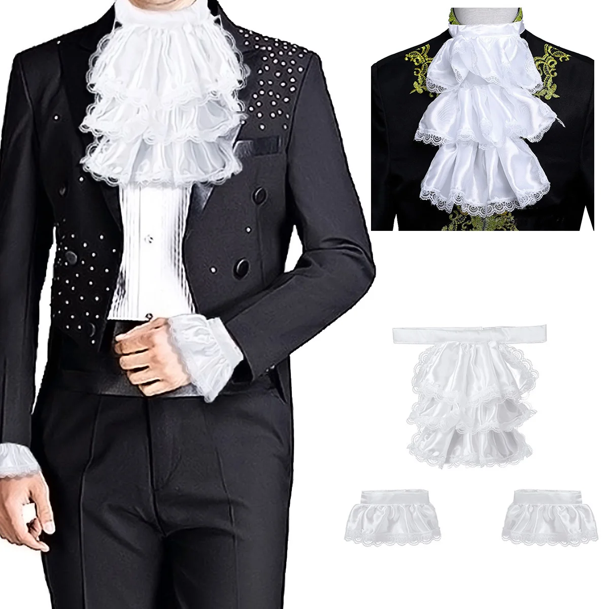 

Adults Mens Victorian Lace Jabot and Cuffs for Kids Detachable Collar Stage Party Colonial Pirate Steampunk Costume Accessory