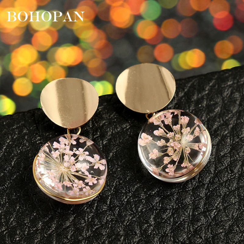 Серьги ручной работы с натуральным цветком Золотые круглые серьги-капельки