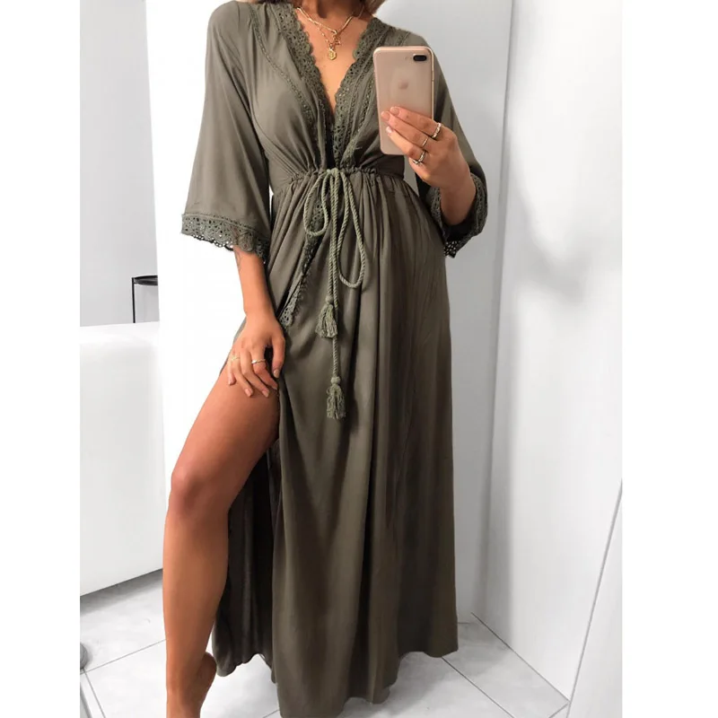 Для женщин s длинный халат мягкий выдалбливают Кружева связать талии