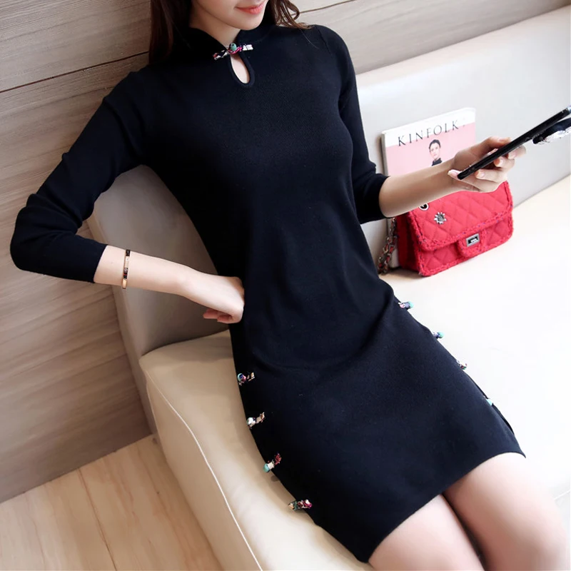 korean fashion Long sleeve head female 2016 new winter half turtleneck sweater dress cheongsam slit bottoming sweaters slim | Женская