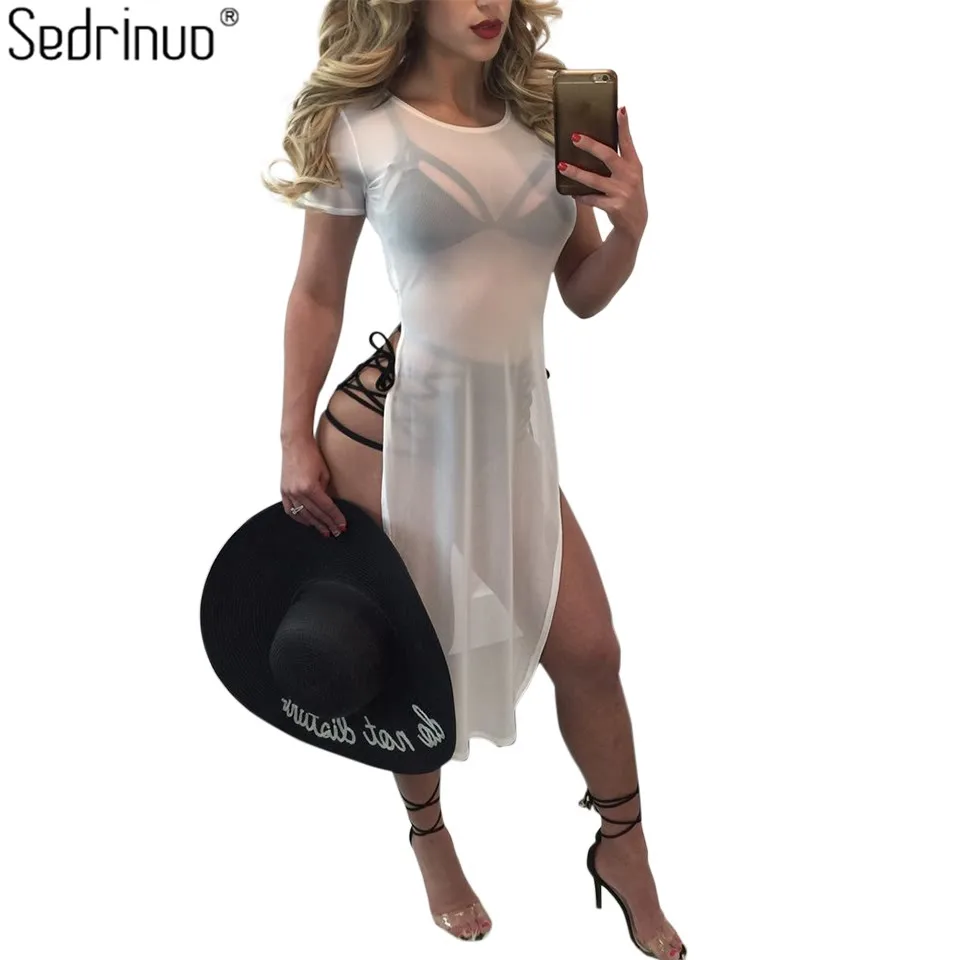 

Sedrinuo черное/Белое пляжное платье с высоким разрезом сбоку с коротким рукавом Прозрачные сексуальные платья с круглым вырезом сетчатые обле...