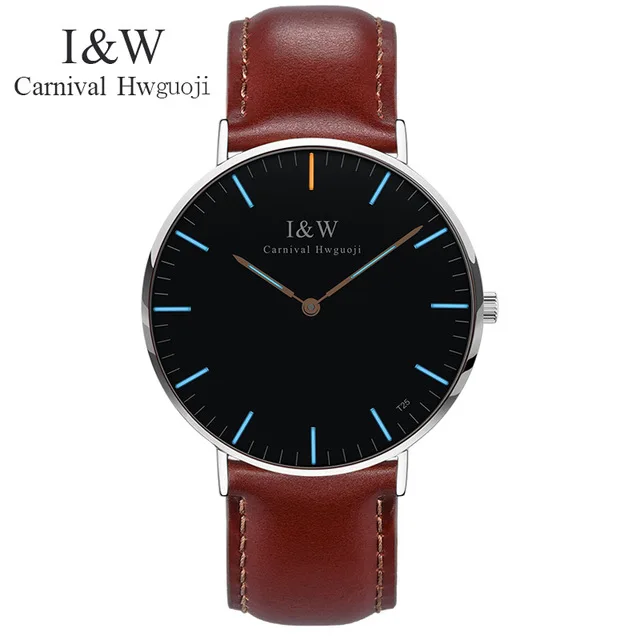 Brown Silver Blue Мужские Роскошные карнавал I& W синий Тритий Светящиеся кварцевые часы мужские ультратонкие водонепроницаемые наручные часы мужские кожаные часы Relogios - Цвет: Brown Silver Blue