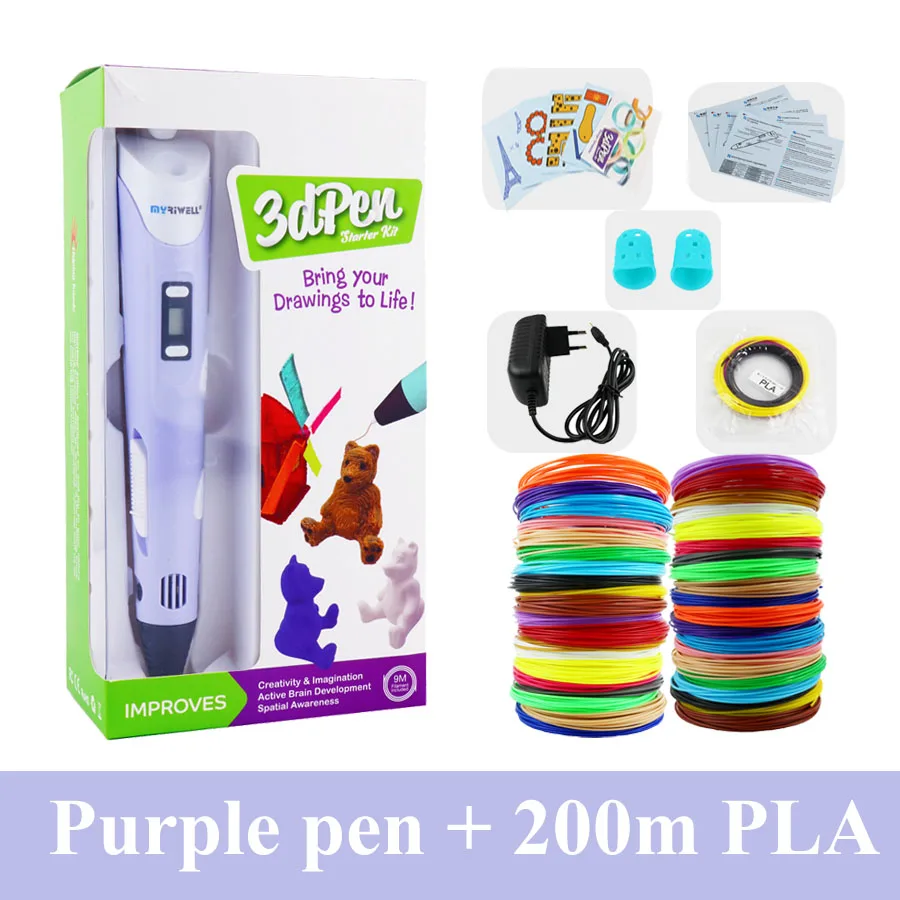 Purple with 200m PLA Myriwell 3d Ручка, 3d Ручка для рисования, 100 м или 200 м, 1,75 мм, PLA нить для детей, подарок на день рождения, Обучающие игрушки, 3D-принтер, ручка - Цвет: Purple with 200m PLA