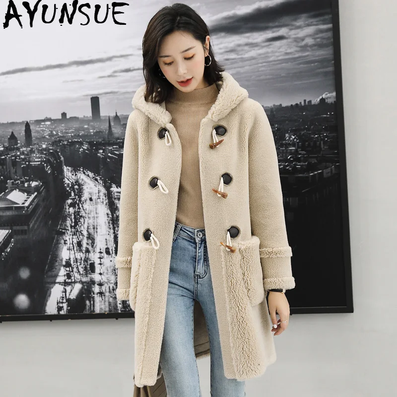 

AYUNSUE 100% Wool Fur Coat Female Sheep Shearling Fur Jackets 2020 Winter Jacket Women Hooded Long Coats Korean Outwear MY3698