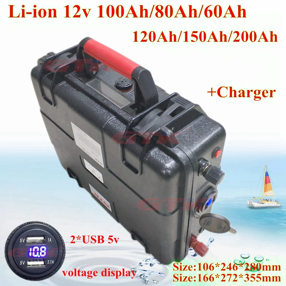 Большой емкостью 12В 60AH 80AH 100AH 120AH 150AH 50Ah 12V 200AH литийполимерное литийионное Батарея для лодочных моторов панели солнечных батарей power bank USB BMS