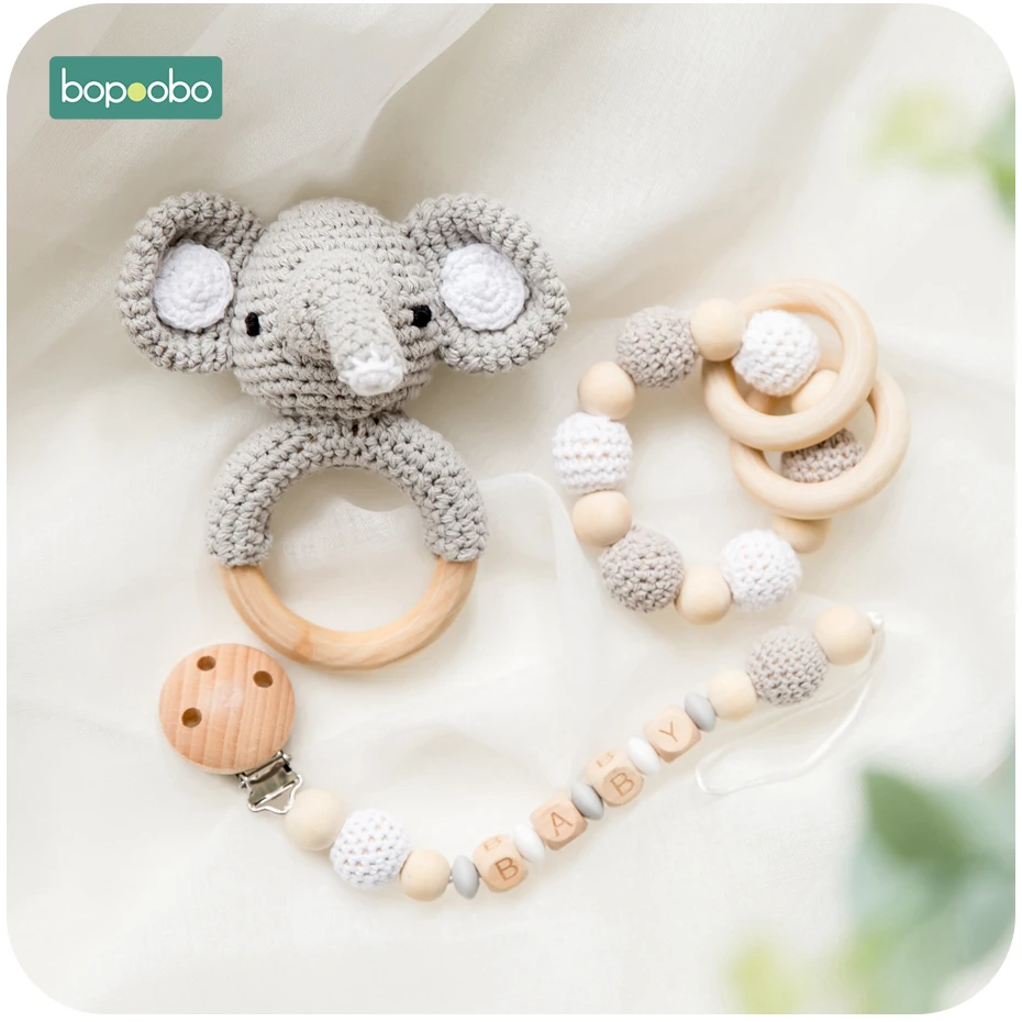 

Bopoobo Baby Teether Food Grade Silicone Wooden Baby Pacifier Chain Pram Crib DIY Customized Rattle Soother Bracelet Teether Set