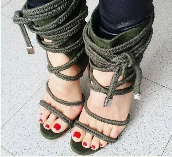 

Sexy Green Rope Braided High Heel Sandals Women Summer Dress Shoes Cut-out Gladiator Cross Strappy Sandals Patchwork Lady Shoes