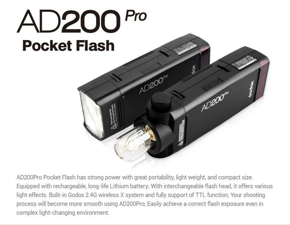 Карманная вспышка Godox AD200Pro ttl 200Ws 2,4G HSS 1/8000 2900mAh литий-ионная батарея Внешняя вспышка для Canon Nikon sony Olympus Fuji