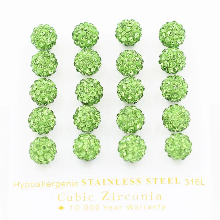Light green 0905 Роскошная сталь 10 пар/лот 8 мм новые модные белые красные синие серебряные золотые бусины Кристальные антиаллергенные серьги-гвоздики для женщин подарок - Окраска металла: Light green 0905