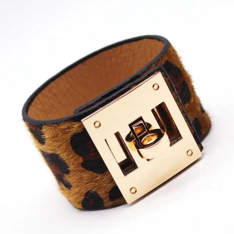 JB0557 dark brown Кожаный ZA Леопардовый конский волос имитация многоцветный браслет для женщин Бохо Золотой Цвет Кнопка Винтаж Рождество Панк ювелирные изделия - Окраска металла: JB0557 dark brown