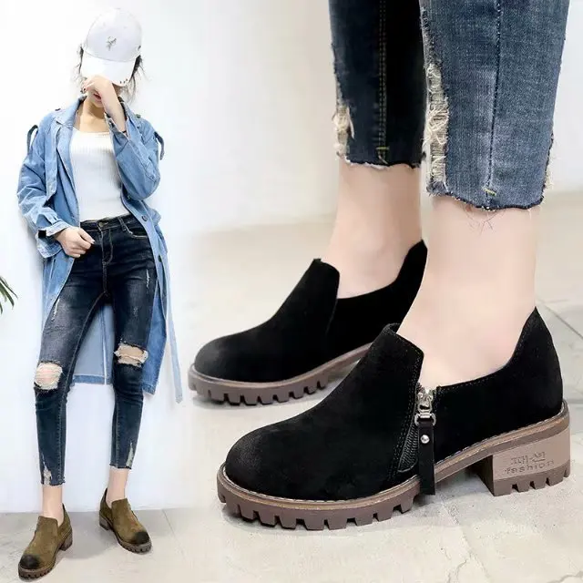 2018 autumn new Korean students round head with heel single shoes side zipper scrub casual | Обувь