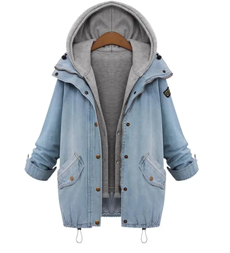 Женская джинсовая куртка пальто Veste Femme двухсекционная куртка весна осень с капюшоном бомбер размера плюс женский джинсовый жакет G288