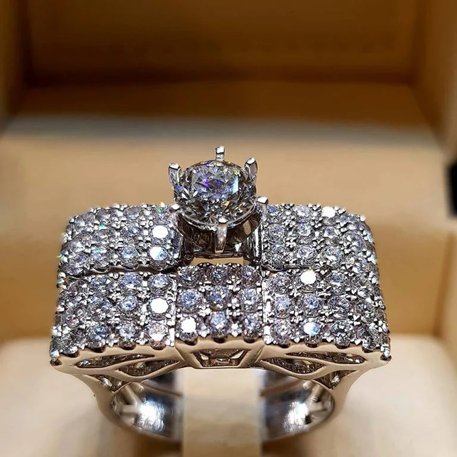 Boho Bride Ring Sets Women Female Elegant Zircon Ring Jewelry Silver Color Engagement Wedding Rings Set for Women