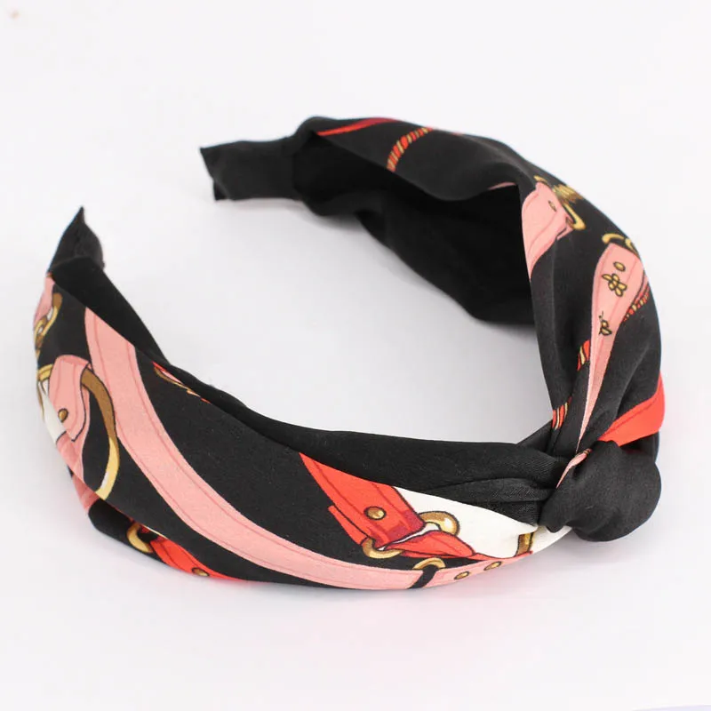 black red hair hoop Женская перекрестная Тюрбан повязка на голову с принтом фруктов Фламинго эластичные повязки для волос летняя широкая шифоновая повязка для волос женский завязанный головной убор - Цвет: black red hair hoop