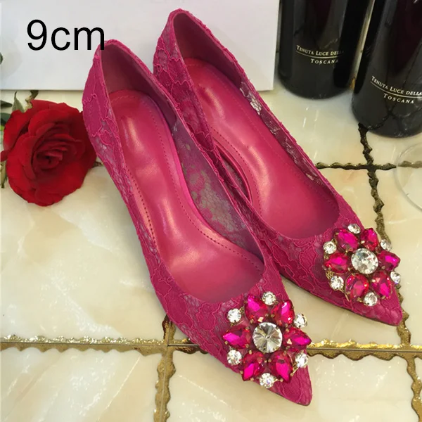 Rose Pumps 9cm Женские туфли-лодочки; свадебные туфли на высоком каблуке; стразы; сетчатая обувь для вечеринок; женские туфли с острым носком; модель года; Роскошные женские туфли-лодочки; сезон весна-лето - Цвет: Rose Pumps 9cm