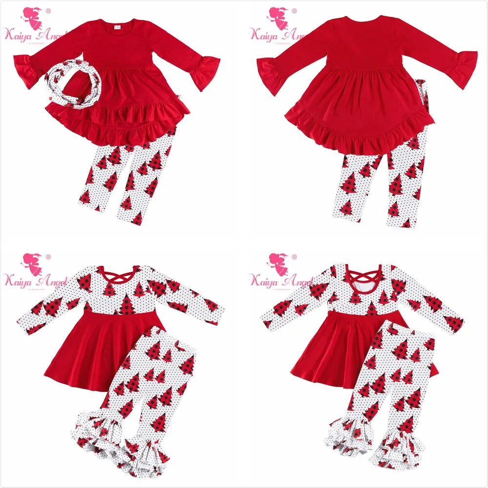 

Kaiya Angel Hot Sales 3PCS Girls Boutique Outfits Red Ruffle Tops + Christmas Tree Print Pants and Scarf Wholesale Children Sets