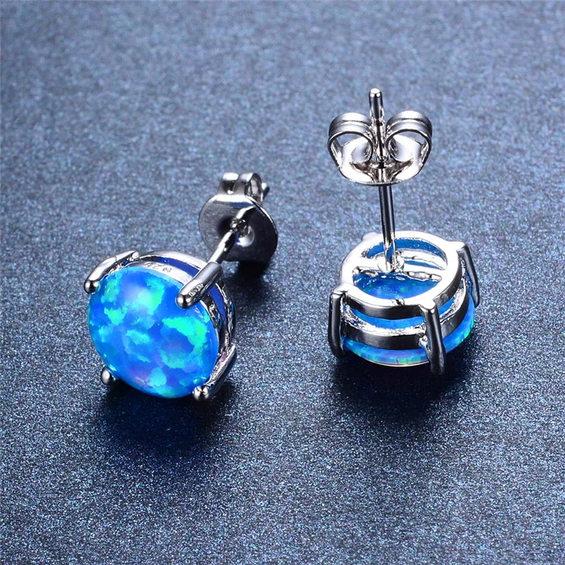 

Bohemian Female 6mm Round White Blue Fire Opal Earrings Fashion Silver Color Wedding Jewelry Vintage Stud Earrings For Women