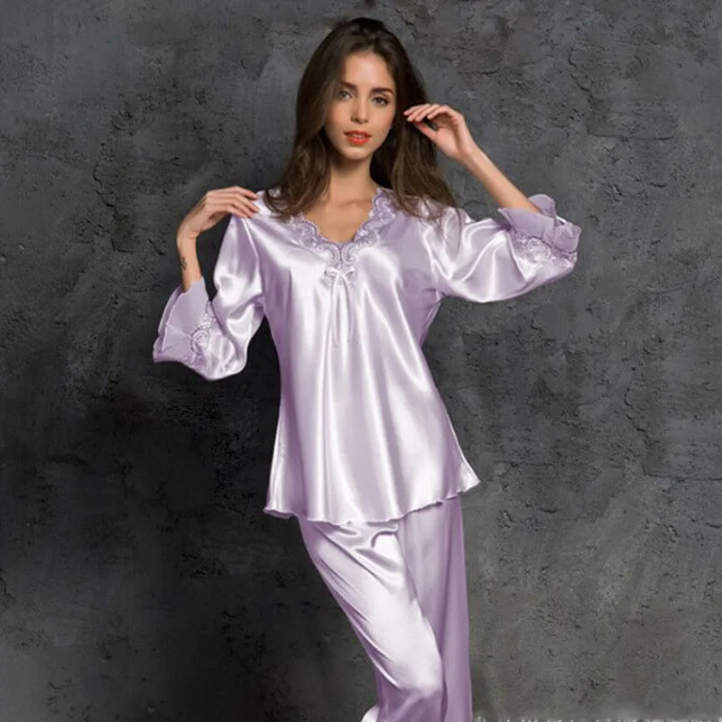 purple spring and autumn women's pajamas lace V-neck long sleeve clothes+ pants pajamas set satin silk sleepwear female home suit - Цвет: purple