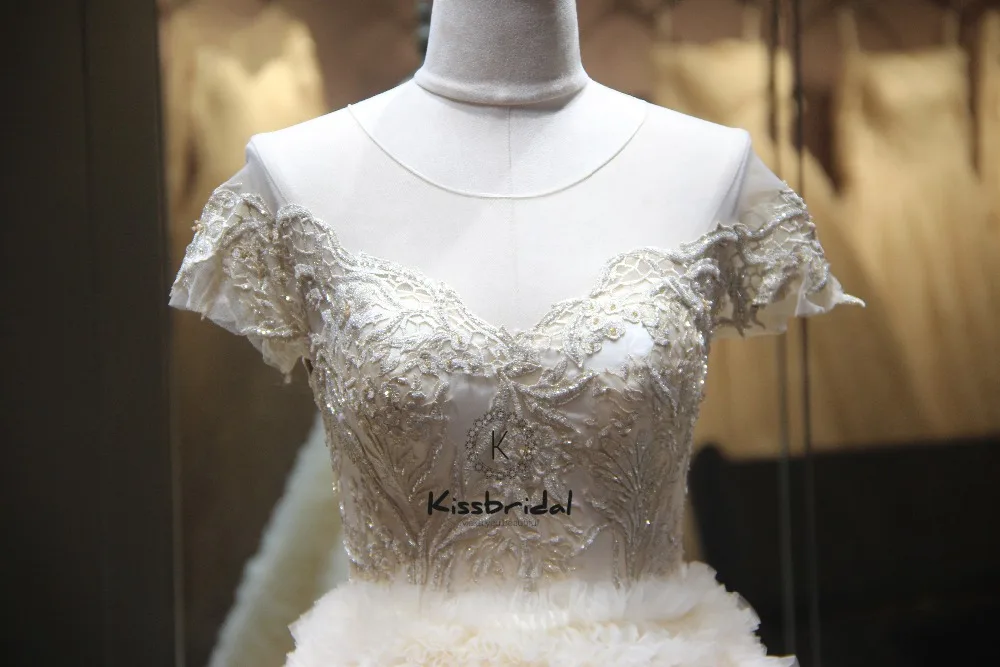 Robe de mariee Champagne Wedding Dress 2018 O-Neck Short Sleeves Chapel Train Beads Tulle Wedding Gowns Lace Up back Vestidos