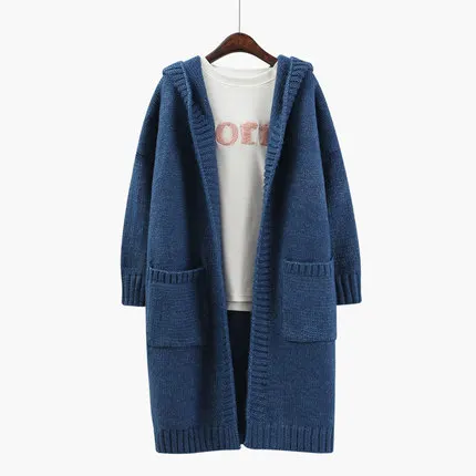 blue Новинка, кардиган largo mujer, женский, осенний, зимний, толстый, с капюшоном, длинный кардиган, пальто, женский, Повседневный, вязаный свитер, женский джемпер - Цвет: blue