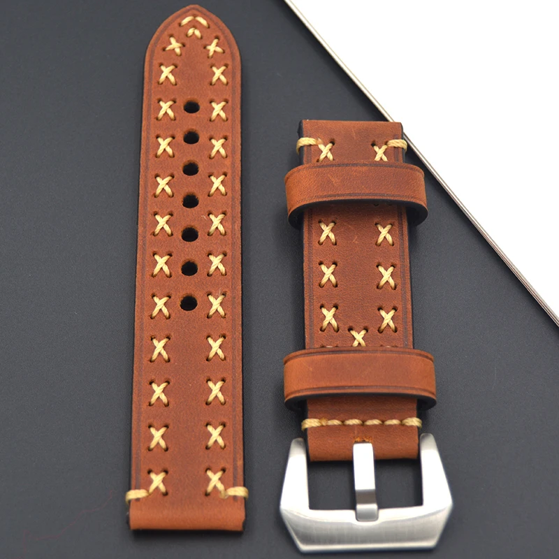 Ремешок кожаный для наручных часов толстый мужской браслет с серебристой