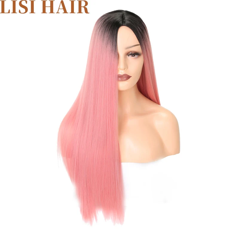 LISI волосы черные Омбре розовые длинные прямые парики для женщин Средний размер