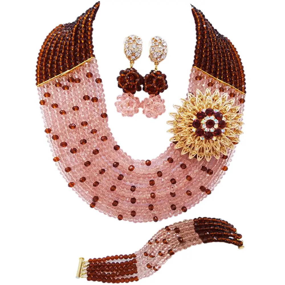 Коричневый персиковый хрусталь из бисера многослойное массивное ожерелье