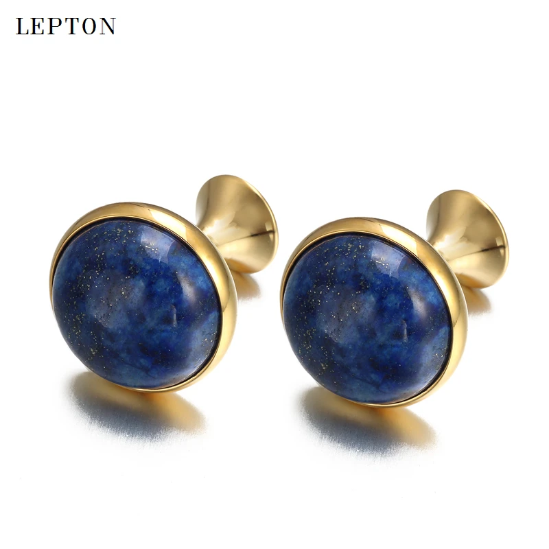 Boutons de manchette de luxe Lapis Lazuli pour hommes  couleur or  haute qualité  ronds en pierre de