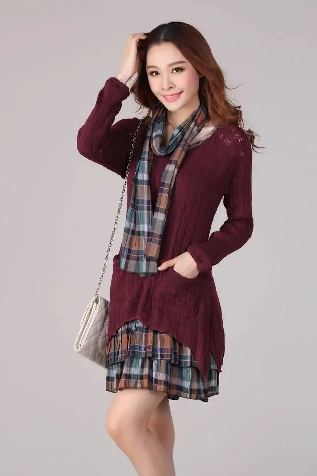 С шарфом! 2015 новый зима женщины свитер платье теплый свободного покроя плед