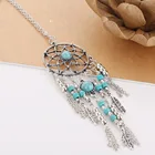 Ожерелье Ловец снов серебристого цвета с синими бусинами и перьями, длинная цепочка для свитера, для женщин, богемная, ювелирные изделия с кистями