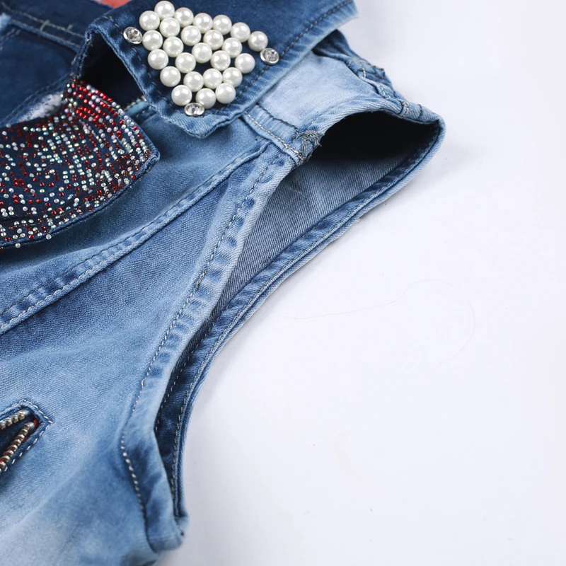 Винтаж Жемчуг Алмазы Джинсовая Куртка Без Рукавов Ретро Отверстия Омывается
