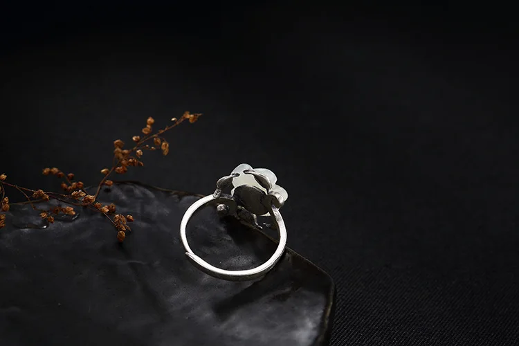 KJJEAXCMY Boutique jewelry S925 Sterling Silver Antique inlay and jade white plum blossom lady high-end open ring | Украшения и