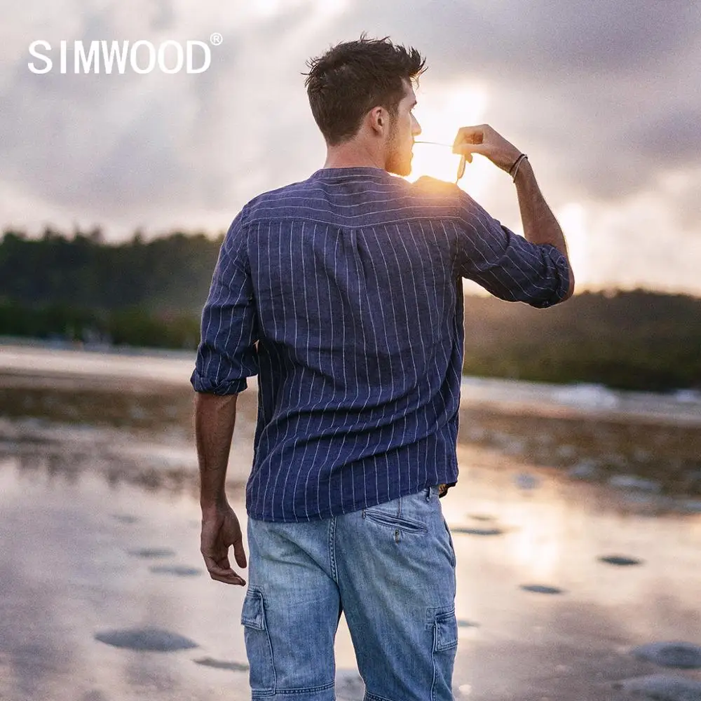 SIMWOOD осень лето новинка рубашки для мужчин 2019 100% лен в полоску рукав три четверти