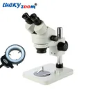 Lucky Zoom Brand 7X-45X Table Pillar Stand Zoom Magnification Binocular Stereo Microscope Inspect PCB Microscope+144 led Ring