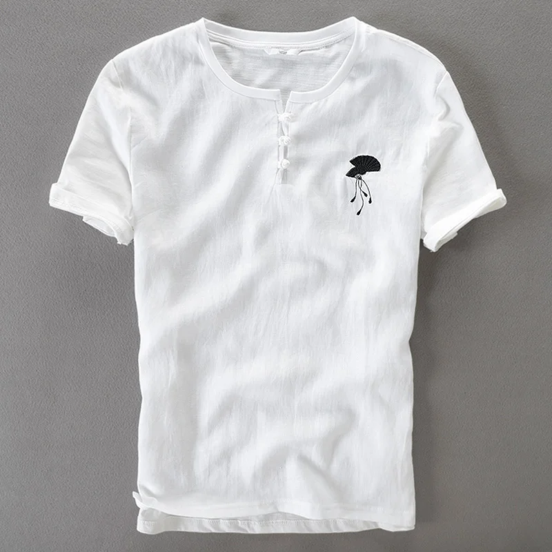 

2019 Summer new Tang-buckle linen short-sleeved t-shirt men brand casual white t shirt mens fashion solid tshirt for men camisa