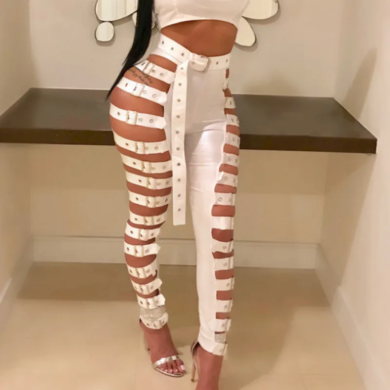 2018 панк-рок Для женщин женские брюки из эластичной искусственной кожи с пряжкой