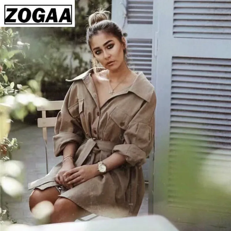 Сексуальное пальто для женщин с поясом баской Свободное длинное цвета хаки