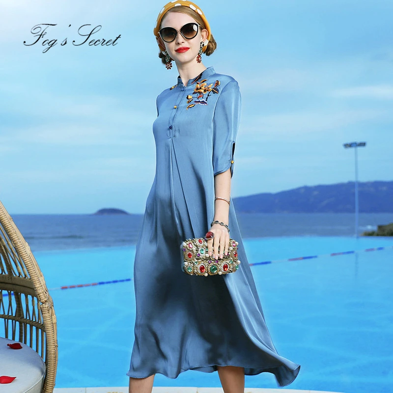 Women Long Dress Loose Elegant Chinese Cheongsam Embroidery Flower Large size Thin For 2019 summer autumn | Женская одежда
