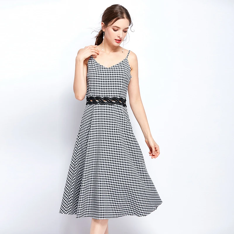 Vintage Ladies Elegant Slim Dress Summer Women Maxi Female High Wasit V Collar Sexy Street Wear Plaid Zipper Party Dresses | Женская