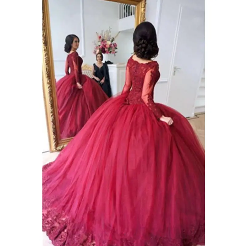 Элегантное Красное Кружевное бальное платье платья Quinceanera с длинными рукавами