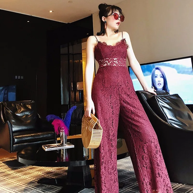 Twotwinstyle кружева Комбинезоны женские без бретелек с плеча выдалбливают Высокая