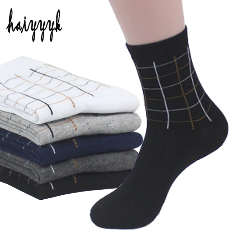New Men's Cotton Socks Classic Grid Style High Quality Dress Sock M Breatheable Anti-Bacterial Compression Socks 5pairs / lot