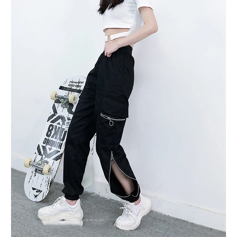 

2019 Spring Side Zipper Black Overalls Trousers Streetwear Elastic Casual female Harem Pants Black Cargo Pants for Women