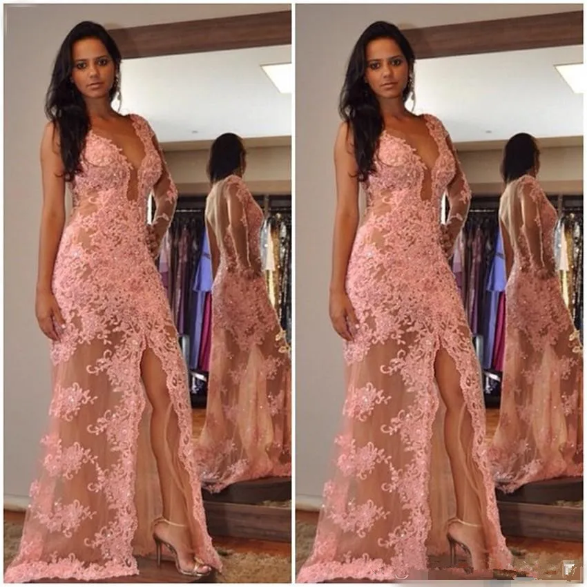 

Pink Muslim Evening Dresses Mermaid Cap Sleeves Lace Beaded Slit Sexy Islamic Dubai Saudi Arabic Long Elegant Evening Gown