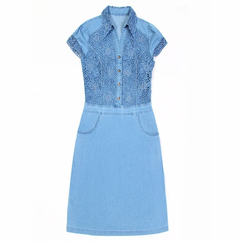 

Summer new large size sexy hollow out lace embroidery patchwork thin cool denim dress women's fashion dress NW17B1082