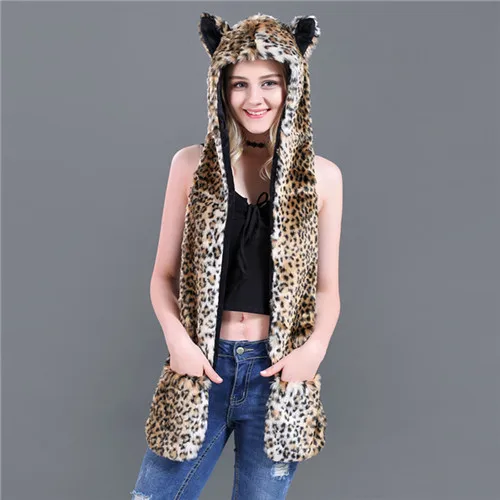 Small leopard Женская Мужская теплая зимняя шапка из животного меха пушистая плюшевая Шапка капюшон шарф шаль с перчатками Леопард панда волк медведь шапка шарф набор - Цвет: Small leopard