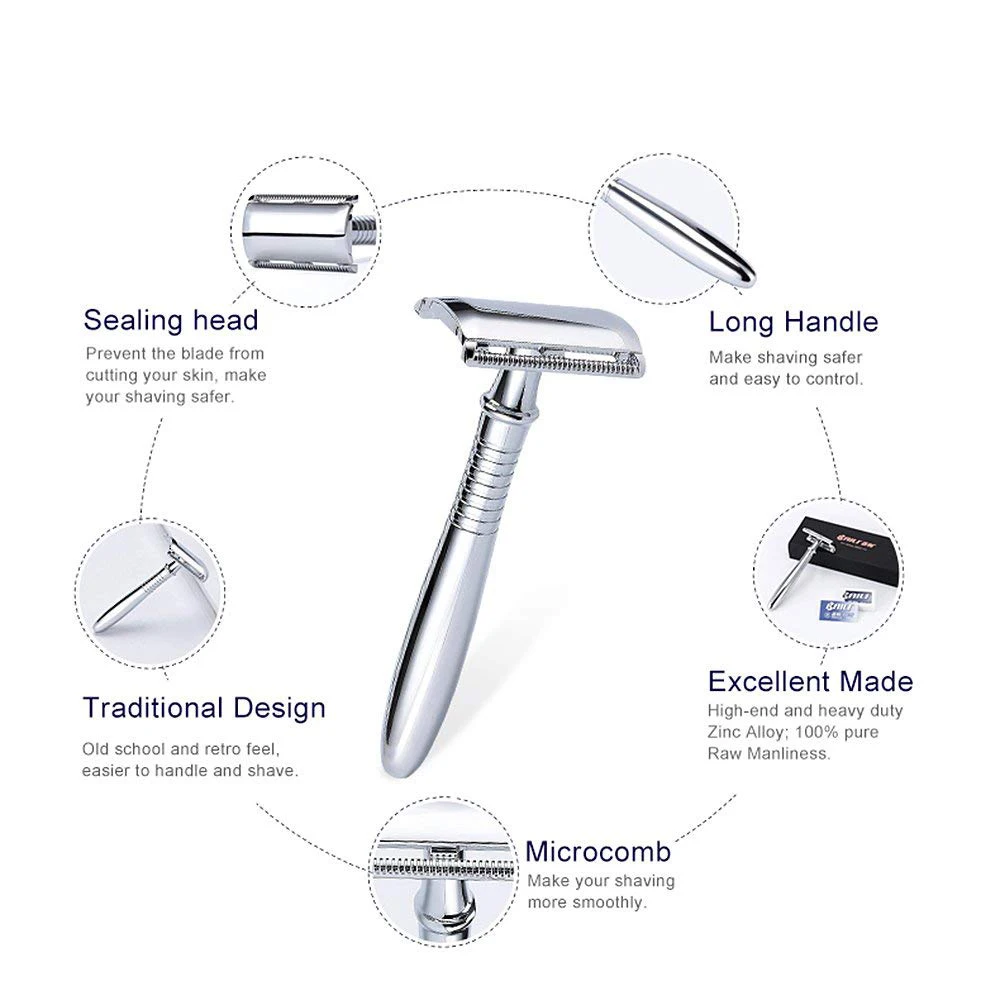 BAILI Manual Chrome Long Handle Men's Barber Shaving Safety Blade Razor Classic Stainless Shaver with 5 blades and case | Красота и