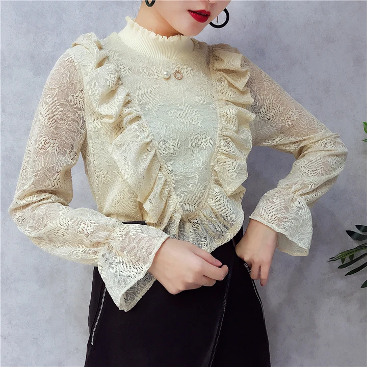 ALPHALMODA V-Ruffled стоячий воротник, украшенный бисером, женские изящные футболки с вырезами на крючках, цветы, однотонные женские пуловеры, футболки